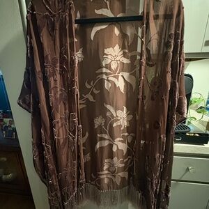 Burgundy Floral Velvet Burnout Kimono Cape with Fringe